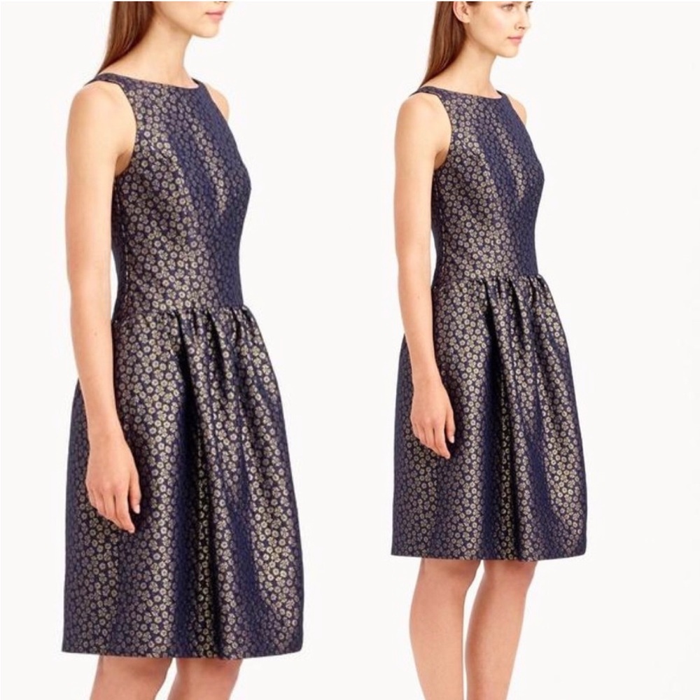j crew gold flower and navy dress